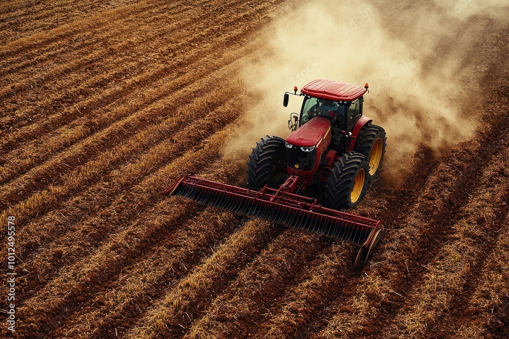 © zulie - A red tractor plows a field, kicking up dust as it works the soil. © zulie - A red tractor plows a field, kicking up dust as it works the soil.