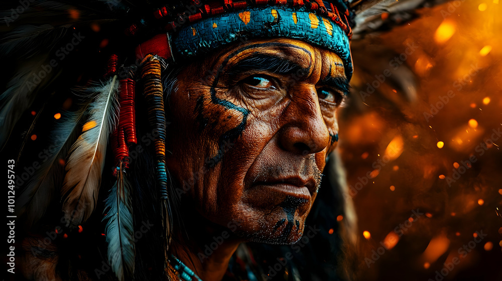 Native American Warrior with Feathers and Face Paint Native American Warrior with Feathers and Face Paint