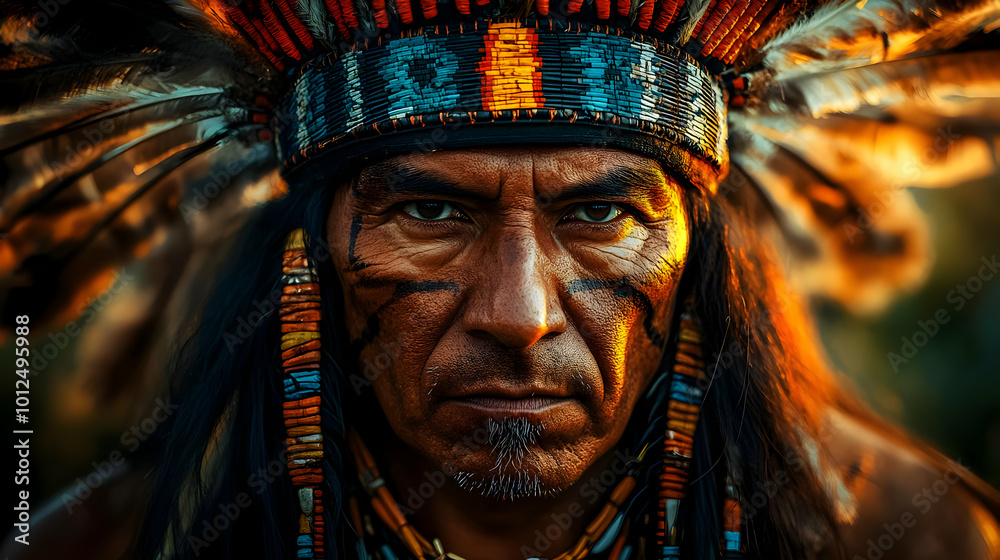 Native American Warrior Portrait with Traditional Headdress and Jewelry Native American Warrior Portrait with Traditional Headdress and Jewelry