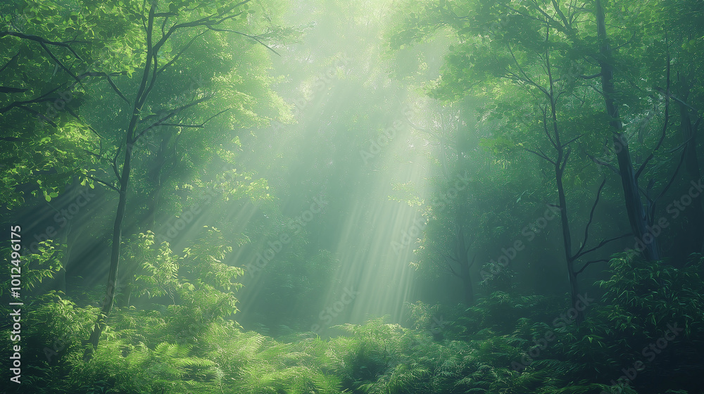 Naklejka premium A stunning nature scene of a dense forest with light streaming through the trees and a clear focus on the intricate details of the foliage