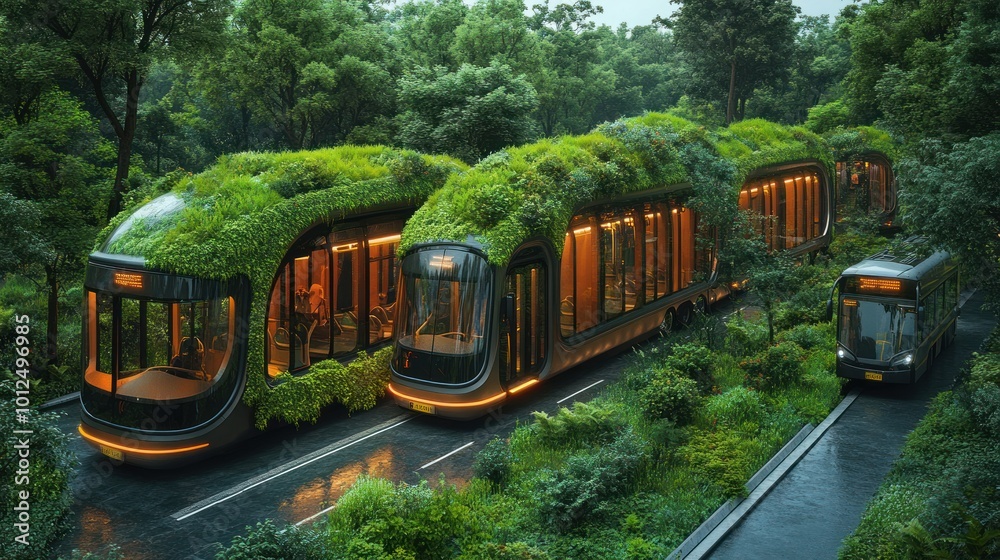 Fototapeta premium Modern, futuristic, eco-friendly electric trams with green roofs move through a forest in the rain.