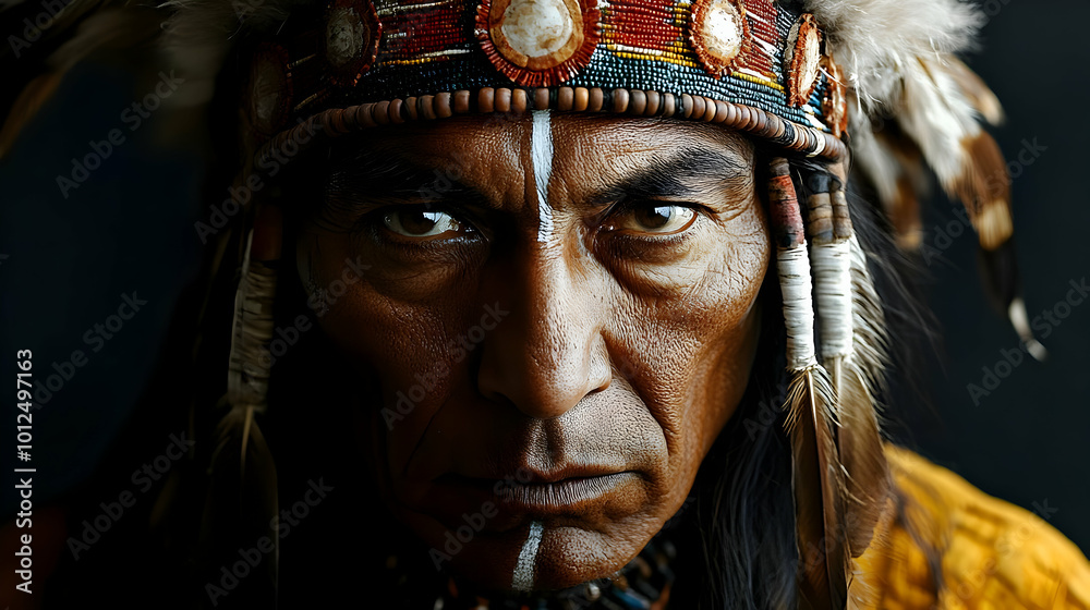 Native American Portrait: Intense Gaze and Traditional Headwear Native American Portrait: Intense Gaze and Traditional Headwear