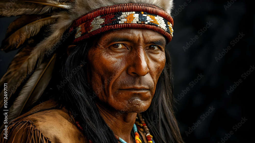 Native American Man with Traditional Headdress and Beads Native American Man with Traditional Headdress and Beads