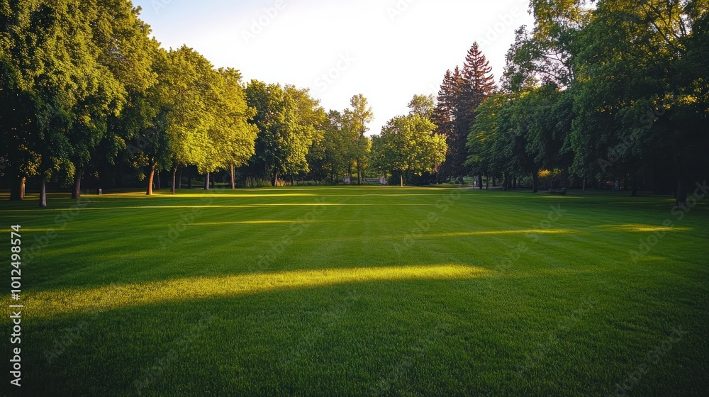 Fototapeta premium Green Grassy Park with Trees