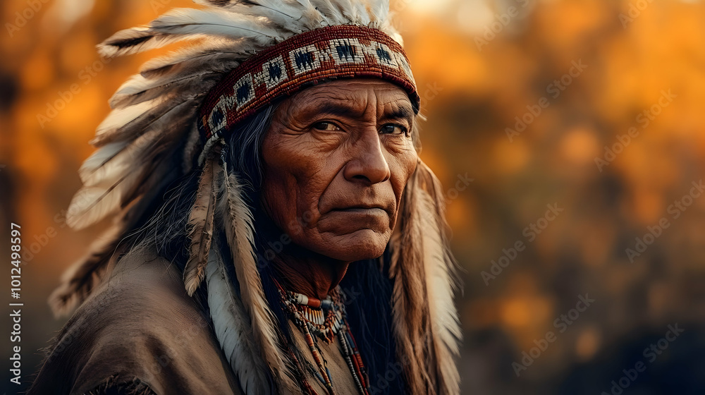 Native American Man in Traditional Headdress, Portrait, Feathers, Wisdom, Cultural Heritage, Indigenous Peoples Native American Man in Traditional Headdress, Portrait, Feathers, Wisdom, Cultural Heritage, Indigenous Peoples
