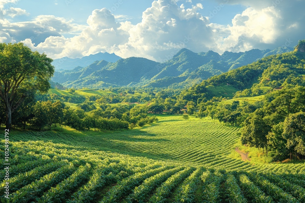 Rolling green hills and mountains with a lush valley in the foreground, under a bright blue sky with puffy clouds. Rolling green hills and mountains with a lush valley in the foreground, under a bright blue sky with puffy clouds.