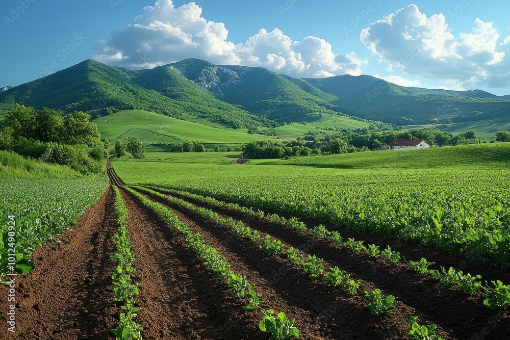 A picturesque view of a lush green field with rows of crops, stretching towards a distant mountain range under a bright blue sky. A picturesque view of a lush green field with rows of crops, stretching towards a distant mountain range under a bright blue sky.