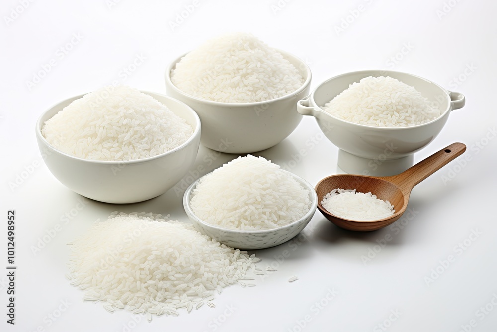 Rice in measuring cups. White cups on a clean white surface. Top view. Rice in measuring cups. White cups on a clean white surface. Top view.