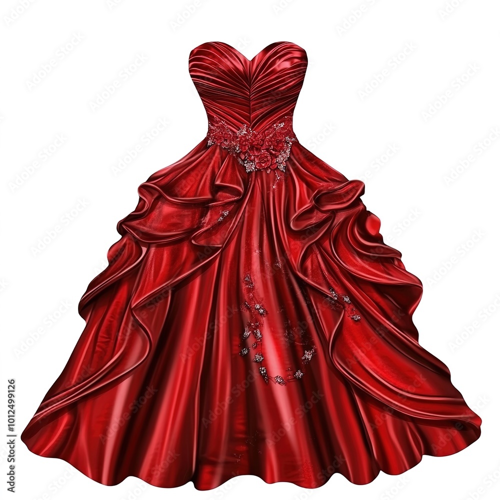 A stunning red party dress design, elegantly isolated on a white background. The dress showcases a sleek silhouette with vibrant red fabric, perfect for special occasions such as formal parties A stunning red party dress design, elegantly isolated on a white background. The dress showcases a sleek silhouette with vibrant red fabric, perfect for special occasions such as formal parties