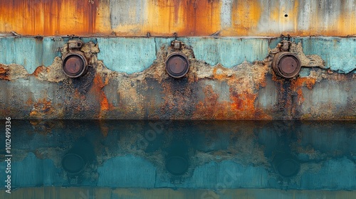 A close-up view of a rusty, weathered, and cracked concrete wall with three round metal pipes on a boat, reflected in the blue water.