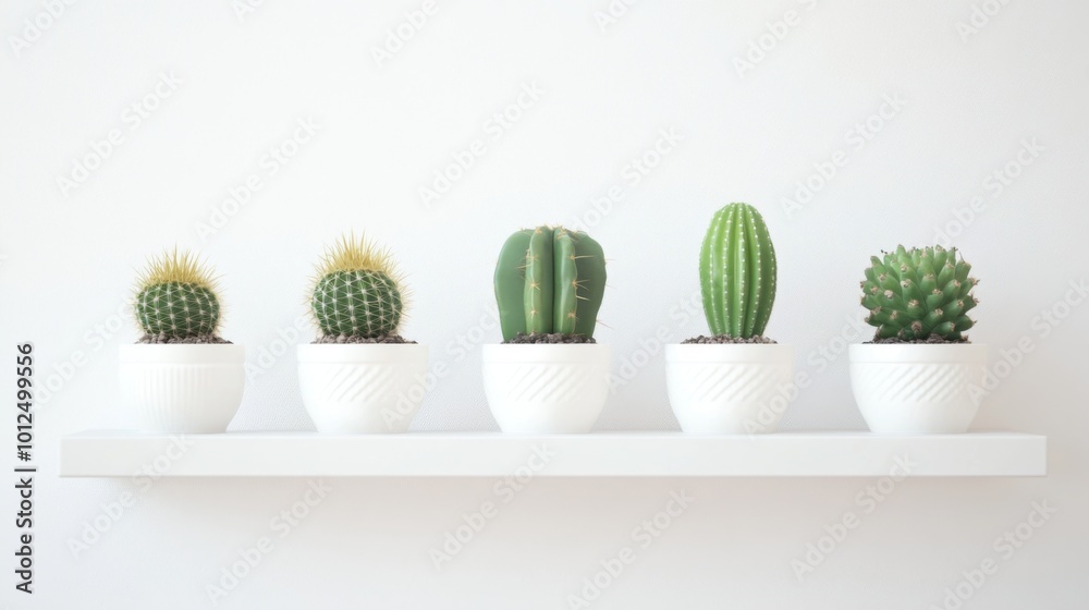 Five potted cacti on a white shelf against a white wall. Five potted cacti on a white shelf against a white wall.