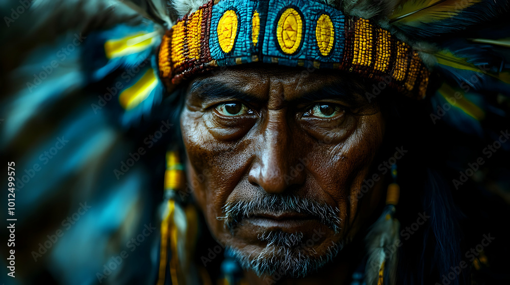 Native American Man with Feathers and Beads in Headdress Native American Man with Feathers and Beads in Headdress