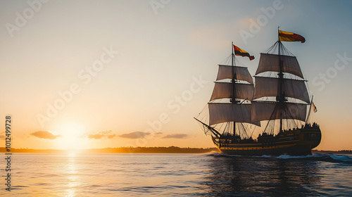 Sailing Ship at Sunset on the Ocean