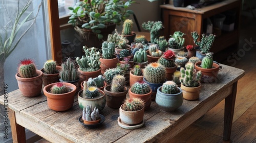 Wallpaper Mural A Collection of Cacti and Succulents in Terracotta Pots on a Wooden Table Torontodigital.ca