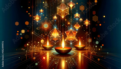 Cultural Abstract Digital Art of Glowing Diwali Lanterns and Intricate Patterns Representing Traditional Gatherings and Celebrations