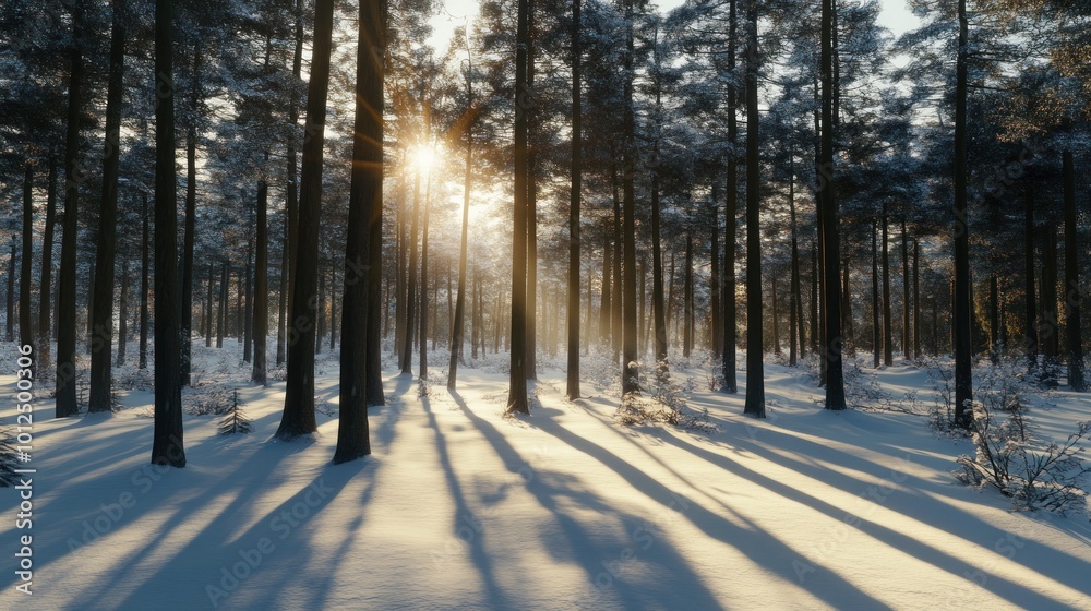 Sunbeams Through Winter Forest Sunbeams Through Winter Forest