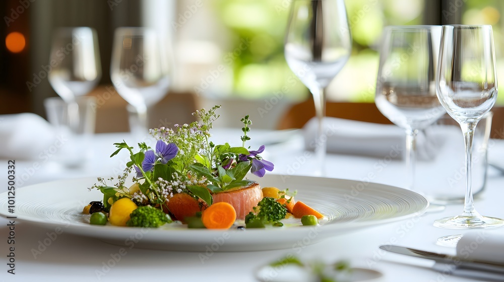 A gourmet dish with spring vegetables and herbs arranged beautifully on a fine dining table set for a seasonal tasting menu A gourmet dish with spring vegetables and herbs arranged beautifully on a fine dining table set for a seasonal tasting menu