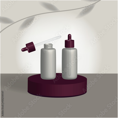 Bottles with a pipette. 3D rendering. Can be used to create presentations, labels, packaging for cosmetics, shampoos, care products, vitamins and supplements.