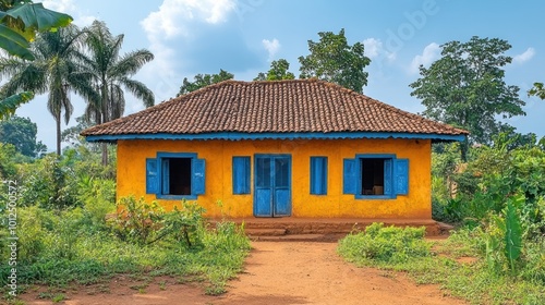 A yellow house with blue shutters and a brown roof sits in a rural area, surrounded by lush green foliage.