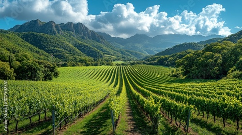 Lush green vineyard rows stretching towards the mountains under a blue sky with white clouds.