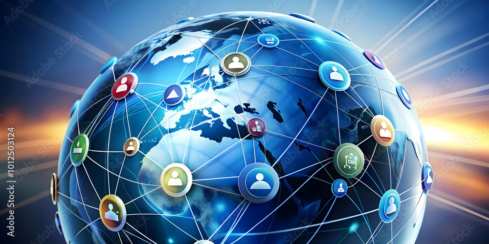 High Definition Glossy Globe with Interconnected Business Network Icons and Copy Space for Global Business Concepts in Stock Photo High Definition Glossy Globe with Interconnected Business Network Icons and Copy Space for Global Business Concepts in Stock Photo