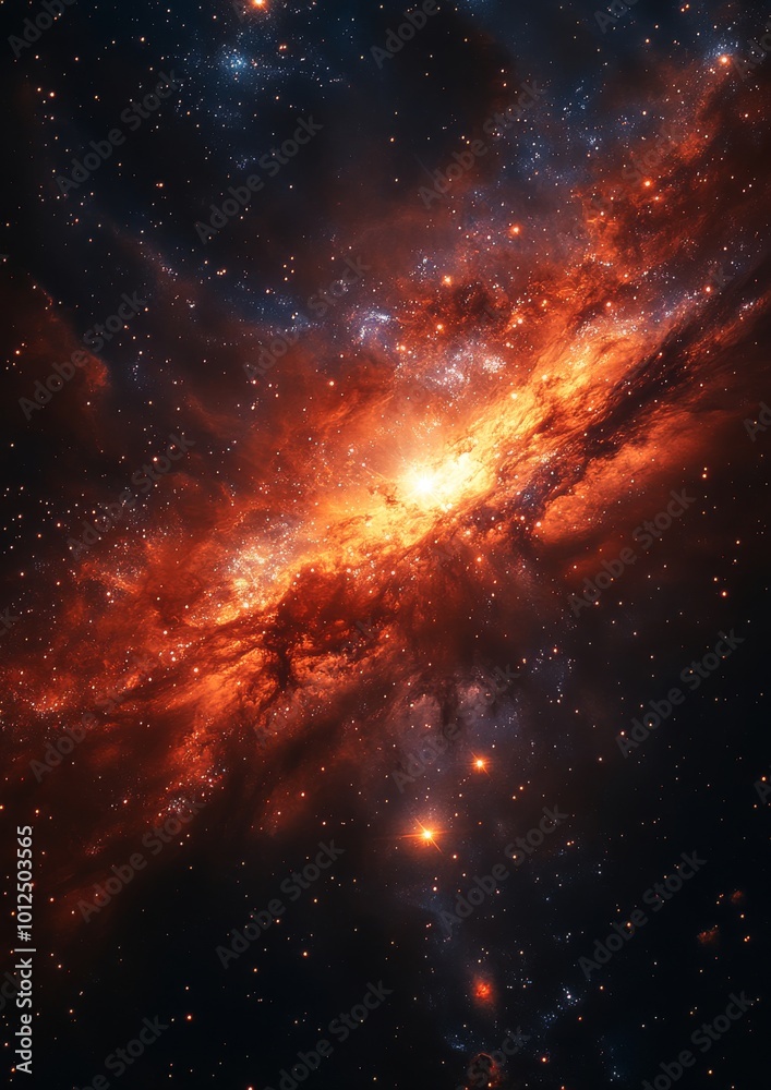 Fototapeta premium Vivid cosmic nebula with fiery orange and dark blues, a stunning celestial display.