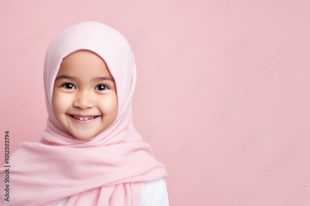 Portrait of little asian muslim girl wearing pink hijab over pink background Portrait of little asian muslim girl wearing pink hijab over pink background