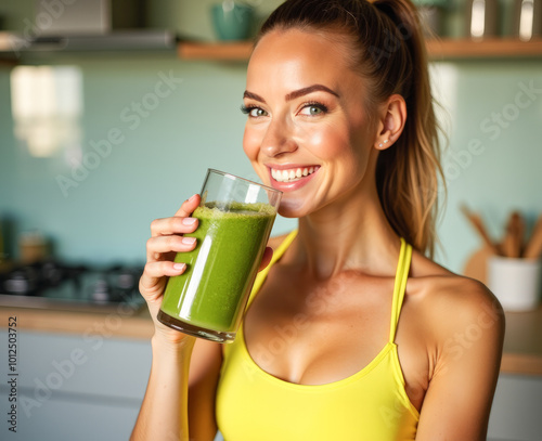 An athletic woman drinks a green vegetable smoothie in the kitchen