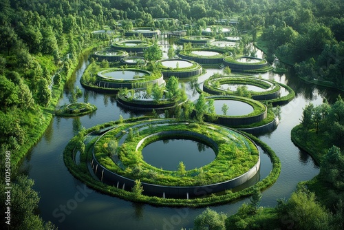 Aerial view of a series of circular ponds surrounded by lush greenery in a forest.