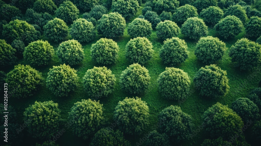 An aerial view of a lush green forest with perfectly round trees, creating a mesmerizing pattern.