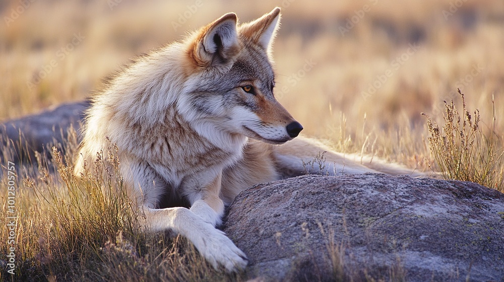 Obraz premium Majestic Russet Plains Wolf Standing Proudly in a Golden Field, Capturing the Essence of Untamed Wilderness and Natural Beauty. This Stunning Image Highlights the Wolf's Distinctive Russet Fur, Sharp 