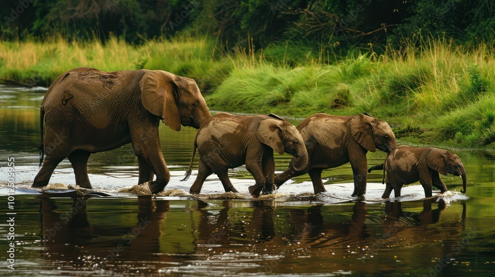 Naklejka premium African Elephants Crossing a River