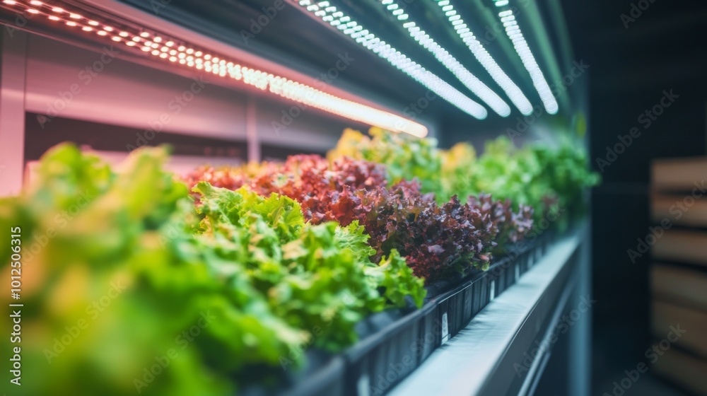 Rows of Fresh Green and Red Lettuce Growing Under Artificial Lights Rows of Fresh Green and Red Lettuce Growing Under Artificial Lights