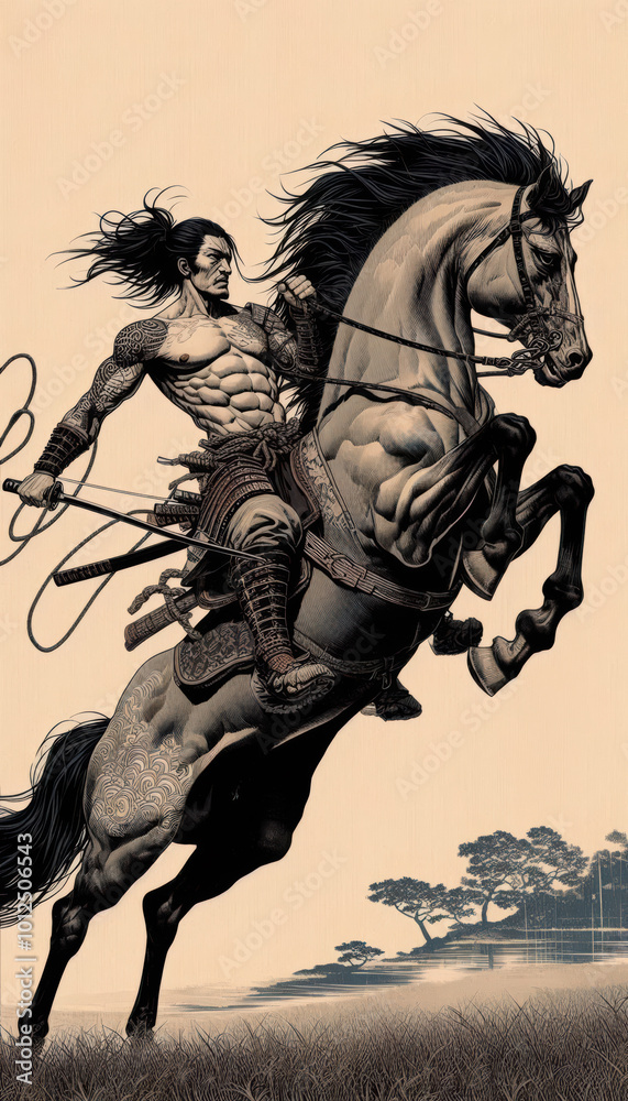 Fototapeta premium 浮世絵(Ukiyoe)/侍(サムライ) 馬 騎馬