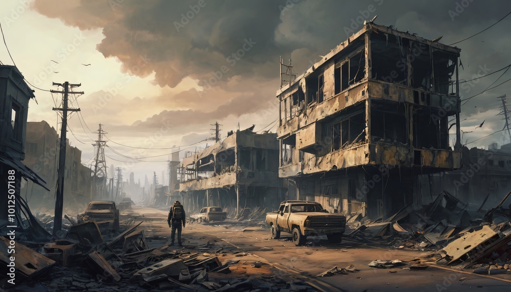 Apocalyptic view of destroyed world, post apocalypse city after world war Apocalyptic view of destroyed world, post apocalypse city after world war