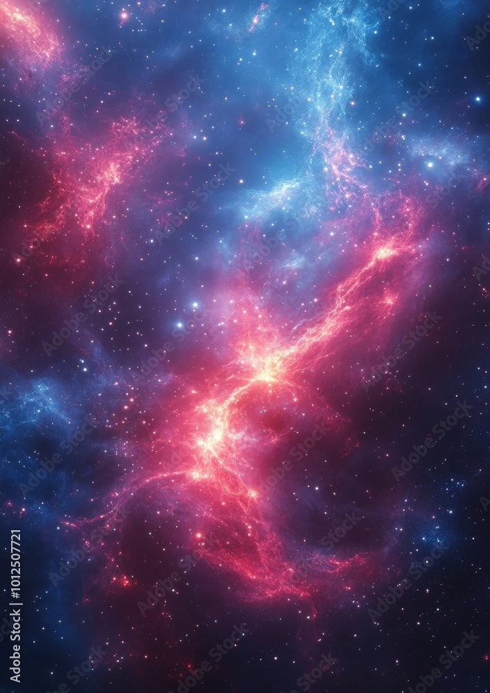 Naklejka premium Vivid cosmic nebula with swirling red and blue gases, creating a celestial spectacle.