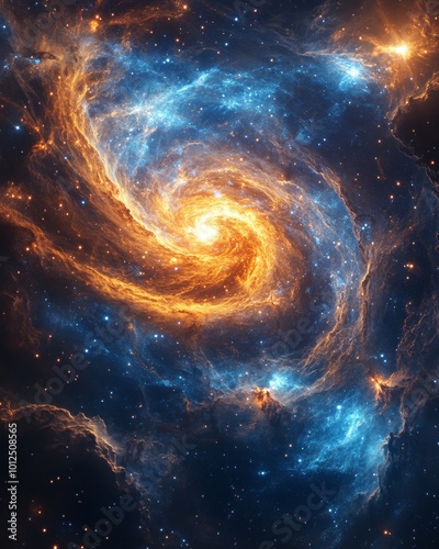 Vibrant cosmic nebula swirling with fiery orange and deep blue colors.