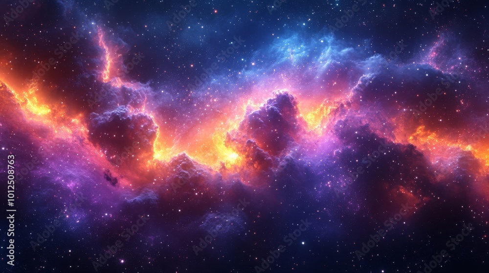 A vibrant cosmic nebula with swirling colors of orange, purple, and blue in a star-filled universe. A vibrant cosmic nebula with swirling colors of orange, purple, and blue in a star-filled universe.