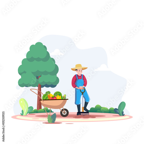 Garden, farm and ranch. man tending garden vector illustration,