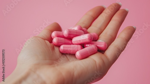 Female Hand Holding Pink Capsules on Pink Background