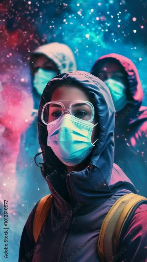 A group of masked individuals in a colorful, cosmic backdrop, emphasizing safety and unity. A group of masked individuals in a colorful, cosmic backdrop, emphasizing safety and unity.
