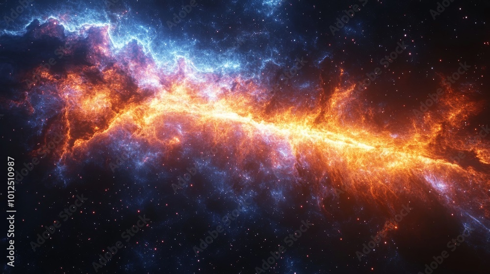 Fototapeta premium Stunning cosmic scene of vivid orange and blue nebulae in deep space.
