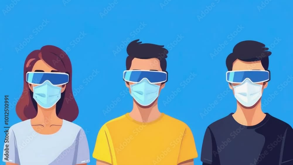 Three individuals wearing sunglasses and masks against a blue background, suggesting a modern lifestyle. Three individuals wearing sunglasses and masks against a blue background, suggesting a modern lifestyle.