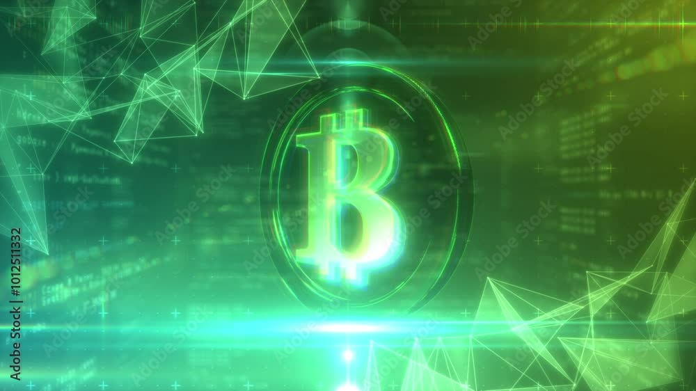 回転する一枚のビットコインのサイバー空間 - グリーン