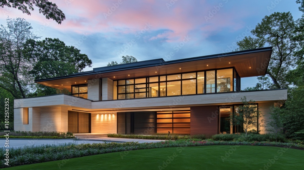 Modern House with Stone Facade and Large Windows at Dusk Modern House with Stone Facade and Large Windows at Dusk