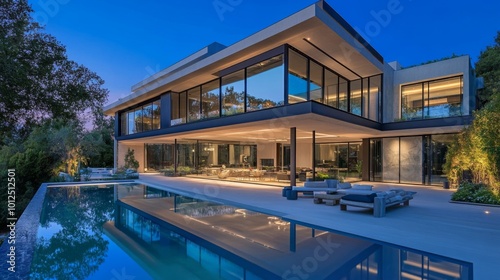 Modern Home with Pool and Patio at Dusk