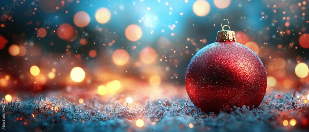 Red ornament on snowy lights background Red ornament on snowy lights background