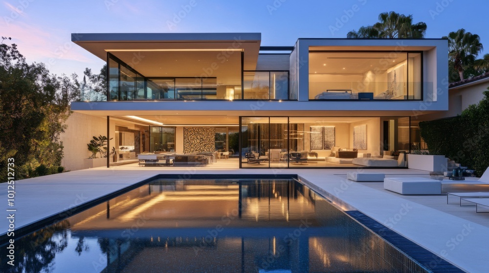 Fototapeta premium Modern Luxury Home with Pool and Illuminated Interior