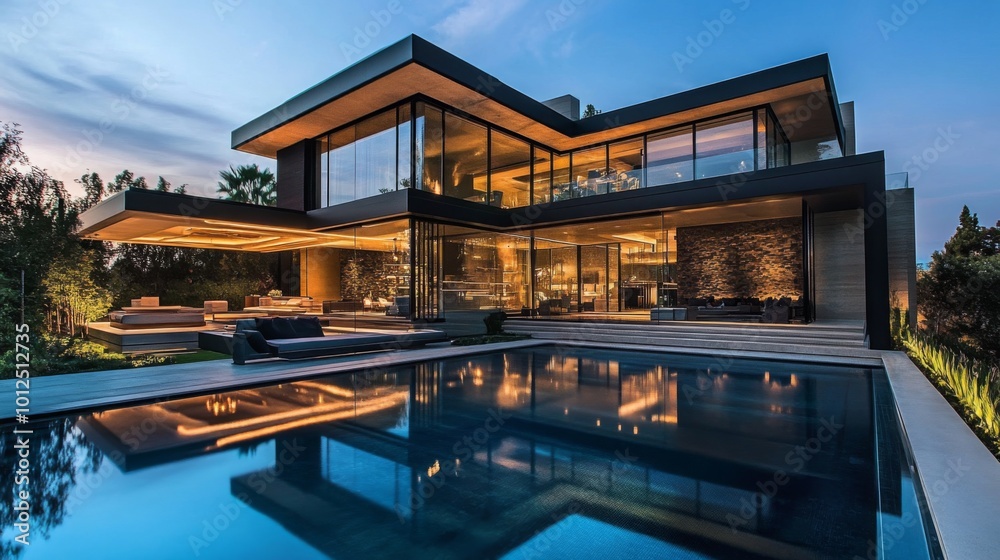 Fototapeta premium Modern Residence with Swimming Pool and Evening Lighting