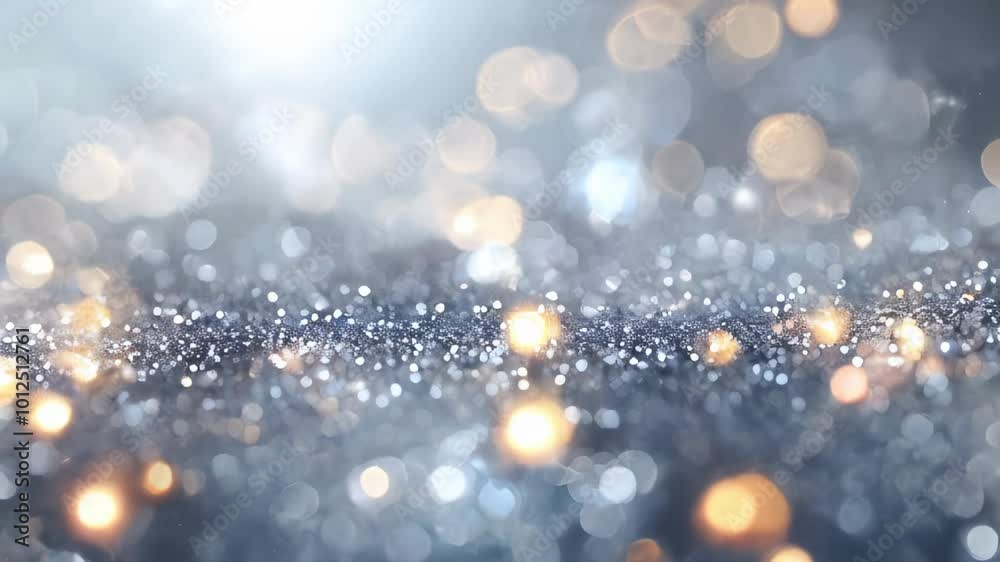 A sparkling silver bokeh background with bright, glimmering lights, perfect for festive and celebratory themes.